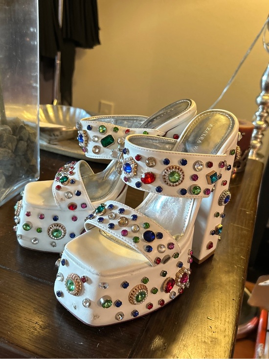 White Jeweled Platform Mules with Multicolor Gem Accents